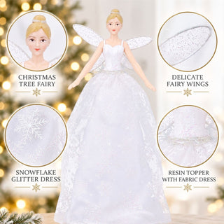 Christmas Tree Fairy Topper, Gisela Graham White Glitter Resin 28cm