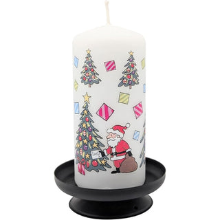 Christmas Trees Pillar Candle | Festive Candle with Colourful Santa Design 13cm
