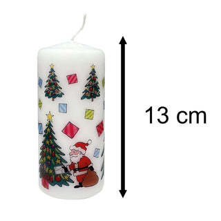 Christmas Trees Pillar Candle | Festive Candle with Colourful Santa Design 13cm