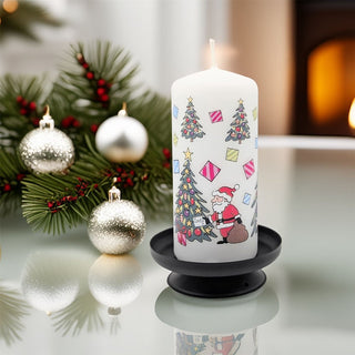 Christmas Trees Pillar Candle | Festive Candle with Colourful Santa Design 13cm