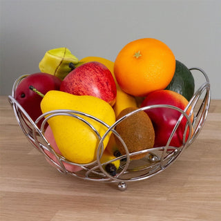 Chrome Round Wire Fruit Bowl | Large Silver Metal Kitchen Fruit Basket - 26cm