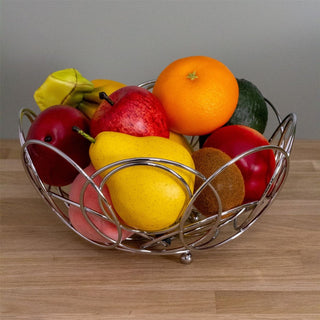 Chrome Round Wire Fruit Bowl | Large Silver Metal Kitchen Fruit Basket - 26cm