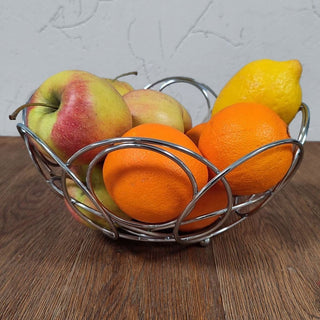 Chrome Round Wire Fruit Bowl | Large Silver Metal Kitchen Fruit Basket - 26cm