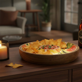 Citrus Chip and Dip Serving Platter, 30cm Wooden Round Serving Tray for Nibbles
