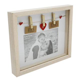 Clothes Line Wooden Box Frame With Pegs For 6 X 4 Photo - Hugs And Kisses