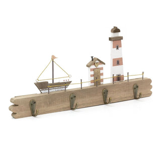 Coastal Beach Hut Plaque with 4 Wall Hooks - Nautical Wooden Hanger Decor - 34cm
