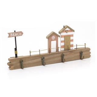 Coastal Beach Hut Plaque with 4 Wall Hooks - Nautical Wooden Hanger Decor - 34cm