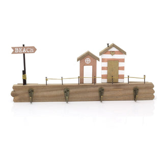 Coastal Beach Hut Plaque with 4 Wall Hooks - Nautical Wooden Hanger Decor - 34cm