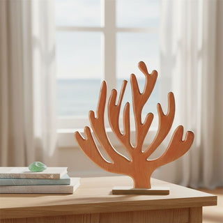Coral Ornament, 26cm Wooden Nautical Coral Reef Sculpture on Wood Base