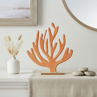 Coral Ornament, 26cm Wooden Nautical Coral Reef Sculpture on Wood Base