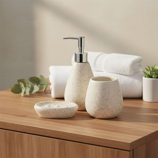 Cream Ceramic Bathroom Accessories Set, 3 Piece Soap Dispenser Tumbler Soap Dish