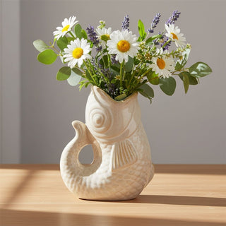 Cream Ceramic Fish Shaped Jug, 17cm Nautical Flower Vase Pitcher, Fish Ornament