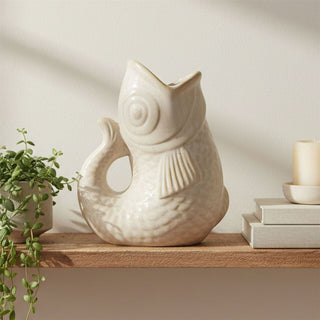 Cream Ceramic Fish Shaped Jug, 17cm Nautical Flower Vase Pitcher, Fish Ornament
