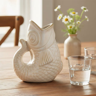 Cream Ceramic Fish Shaped Jug, 17cm Nautical Flower Vase Pitcher, Fish Ornament