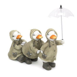 Cute Puddle Duck Family With Umbrella Ornament | Indoor Outdoor Duck And Brolly Statue | Bird Sculpture Garden Decorations