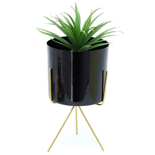 Contemporary Indoor Black Metal Cache Pot With Stand | Decorative Cachepot Planter | Indoor Garden Plant Pot 22.5cm