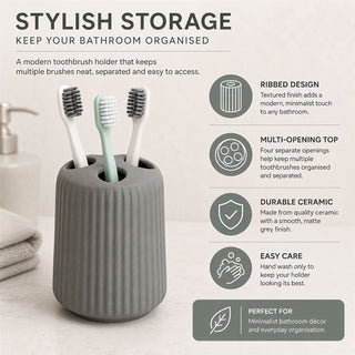 Ribbed Toothbrush Holder, 10.5cm Matt Grey Ceramic Bathroom Tumbler