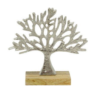 Tree of Life Ornament, 16.5cm Silver Metal Tree Sculpture on Mango Wood Base