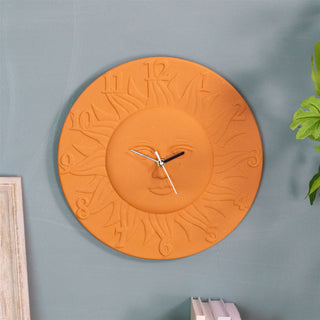 Terracotta Sun Clock | Wall Mounted Stoneware Terra-cotta Sunburst Clock - 30cm