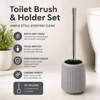 Ribbed Toilet Brush and Holder Set, 36cm Matt Grey Ceramic Loo Brush Holder