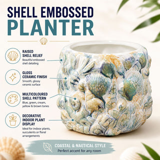 Shell Embossed Planter, 15cm White Ceramic Nautical Round Indoor Plant Cache Pot