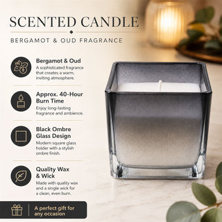 Bergamot and Oud Scented Candle, 10cm Black Ombre Glass Jar with Candle