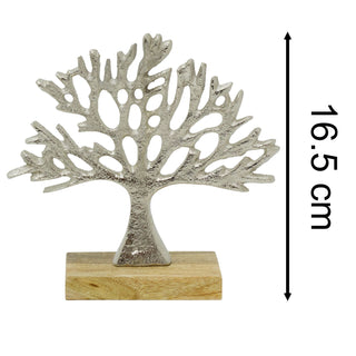 Tree of Life Ornament, 16.5cm Silver Metal Tree Sculpture on Mango Wood Base