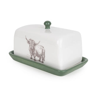 Highland Cow Butter Dish, 19cm White Ceramic Butter Tray with Removable Lid