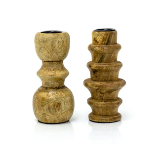 Set Of 2 Mango Wood Candlesticks | 2 Piece Rustic Dinner Candle Stick Holders