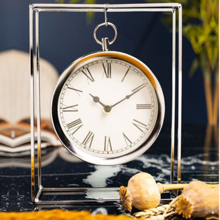 Silver Hanging Table Clock | Suspended Mantel Clock In Chrome Frame - 25cm