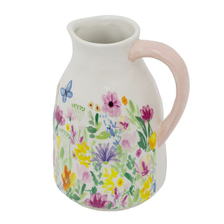 Floral Vase, 18cm Ceramic Flower Jug Multicoloured Pink Handle Spring Home Decor