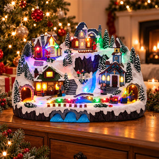 LED Christmas Village with Moving Train and Ice Skaters, Snowy Winter Scene