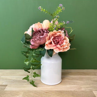 Faux Dusky Peonies & Blooms in White Ceramic Vase | Artificial Bouquet and Vase