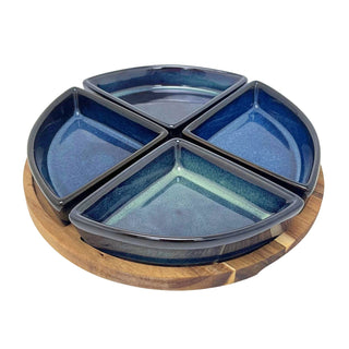 Sectioned Ceramic Snack Platter Set with Round Acacia Serving Tray - 21.5cm