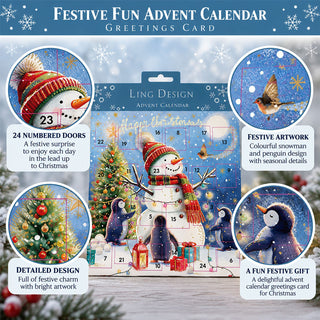 Festive Fun Christmas Advent Calendar Greetings Card, Snowman & Penguins