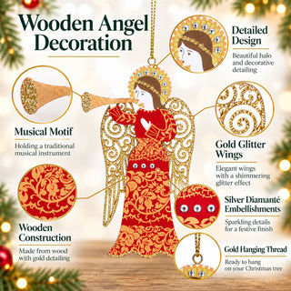 Wooden Christmas Musical Angel Tree Decoration, Gold Wings Gisela Graham 13cm