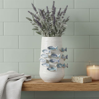 3D Fish Ceramic Vase 21.5cm White Blue Coastal Nautical Decor for Faux Stems