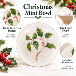 Holly & Berries Christmas Mini Bowl, Gisela Graham Ceramic Snack Bowl 10.5cm