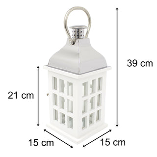 White Wooden Candle Lantern | 39cm Hurricane Lantern Candle Holders for Home Garden Patio - Tealight Candle Holder With Handle