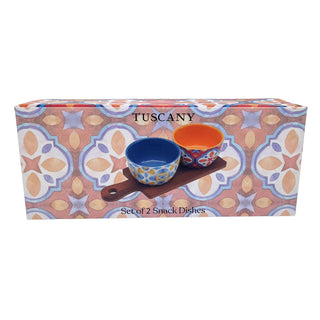 Tuscany Set of 2 Ceramic Snack Bowls with Wooden Paddle Serving Tray - 25cm