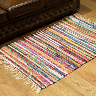 Multi Colour Recycled Rag Rug 75 X 120cm | Handmade Coloured Chindi Rug Rainbow Rug | Fair Trade Braided Cotton Rug Area Rugs - One Supplied