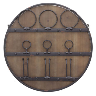 Round Wooden Wine Bottle Holder and Glasses Storage Rack | Wall Mounted Wine Organiser | Rustic Mini Bar Kitchen Decor