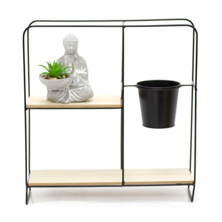 Freestanding Black Metal Shelf Unit With Pot and Buddha Statue | Storage Organiser Table Display Shelves | Standing Desktop Shelves - Square