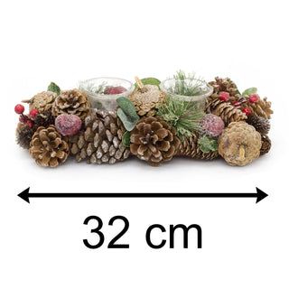 32cm Traditional Christmas Double Tealight Candle Holder | Twin Christmas Garland Tea Light Holder | Christmas Candle Centerpiece