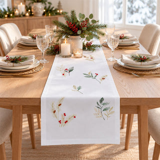 Embroidered Sprigs Christmas Table Runner, Gisela Graham 140cm x 40cm