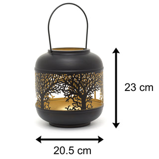 22cm Black Metal Tree Of Life Cut Out Hurricane Candle Lantern | Decorative Candle Holders For Home Garden Patio - Small