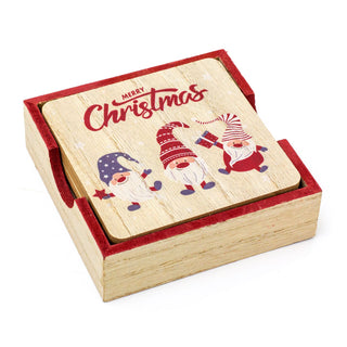 Set Of 6 Christmas Gonk Coasters | 6 Wooden Merry Christmas Coaster And Holder