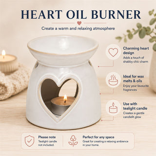 Heart Oil Burner, 10cm Ceramic Tealight Wax Melt and Essential Oil Burner