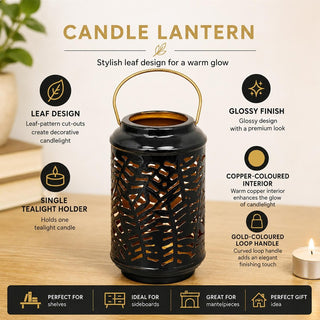 Dark Grey Metal Candle Lantern, 17cm Leaf Design Tealight Holder