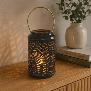 Dark Grey Metal Candle Lantern, 17cm Leaf Design Tealight Holder